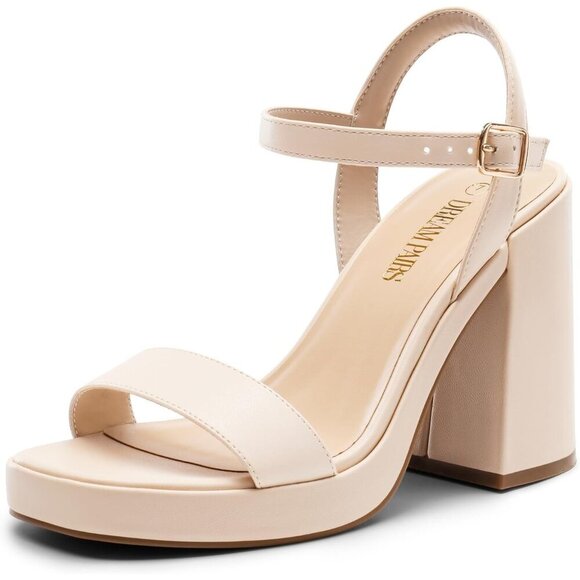 Shoes - Women's Nude High Open Toe Chunky Ankle Strap Stylish Sandal Comfort Heel Shoe